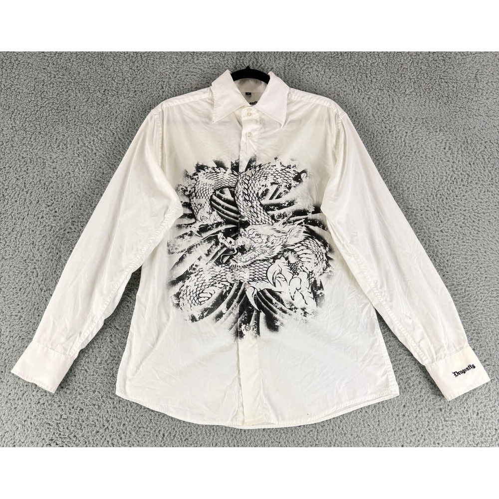 Dragonfly Button Down Shirt Mens Size M White Black Dragon Graphic Long Sleeve
